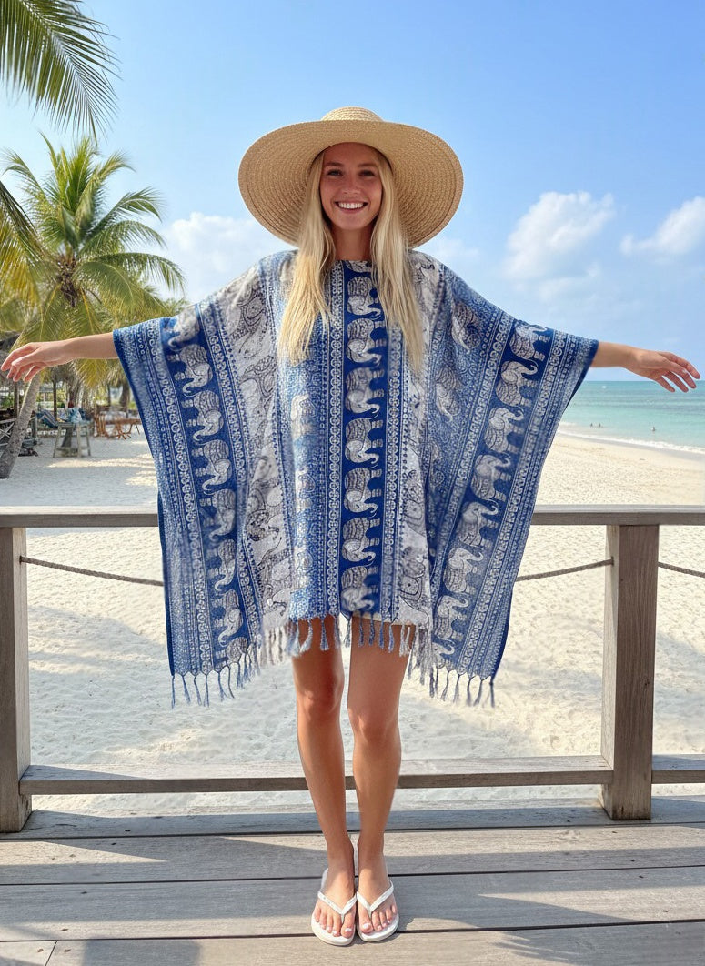 Boho Poncho Blue Elephant