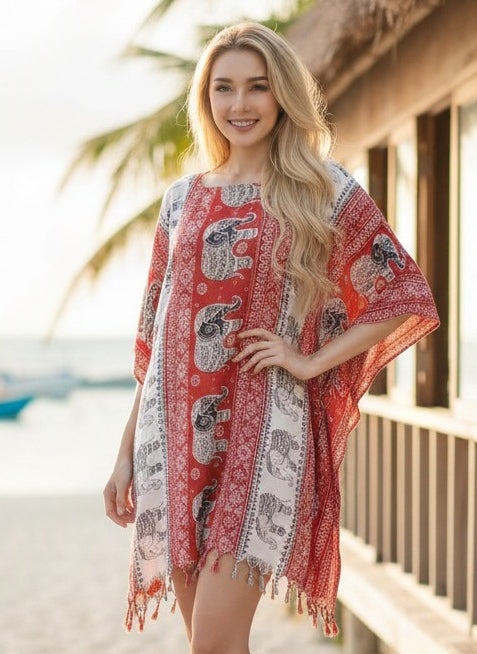 Boho Poncho Red Elephant