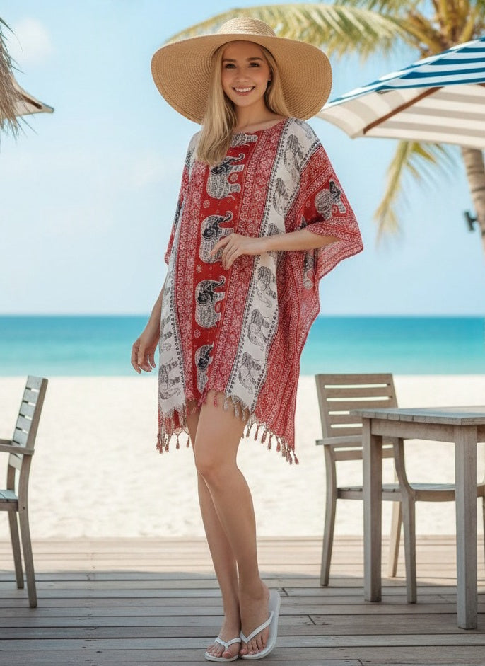 Boho Poncho Red Elephant