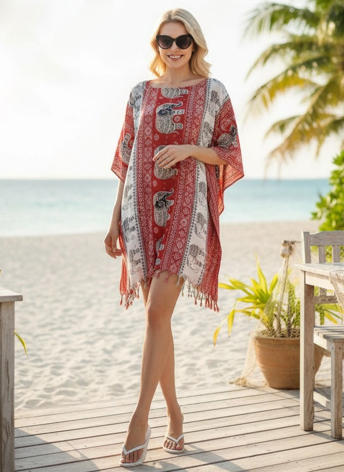 Boho Poncho Red Elephant