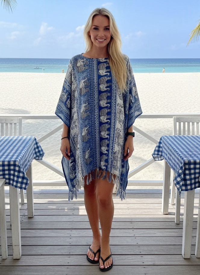 Boho Poncho Blue Elephant